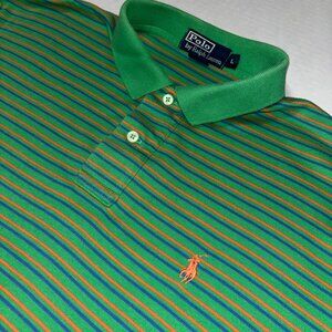 Polo Ralph Lauren Mens L Green Orange Blue Stripe Polo Shirt Short Sleeve Cotton